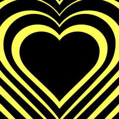 Vector illustration of heart. Love symbol. Geometric yellow and black background. Optical illusion. Abstract backdrop. Valentine's Day card. Graphic poster. Use for invitation, wallpaper,web element.