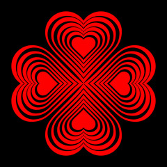 Red Celtic heart knot - stylized symbol. Made of hearts. Four-leaf clover. Isolated design element. Black background. Vector illustration.