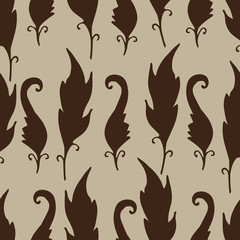 Fototapeta premium Repeating floral and feather pattern. Seamless texture with leaves silhouettes. Beige and brown colors. Vector illustration. For textile,wrapping, wallpaper or cloth design. 