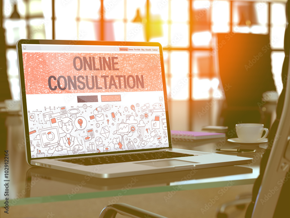 Poster modern workplace with laptop showing landing page in doodle design style with text online consultati