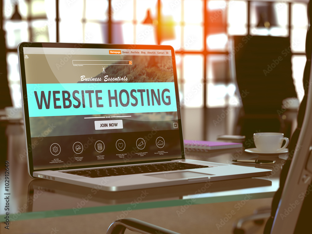 Poster website hosting concept. closeup landing page on laptop screen on background of comfortable working 