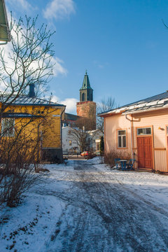 Medieval cathedral in golden sunset lightning in Turku, the oldest cathedral in Filand, in bright and cleat winter evening