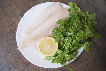 Frozen Alaska Pollock fillet with lemon and parsley on white dish. Preparation for cooking.
