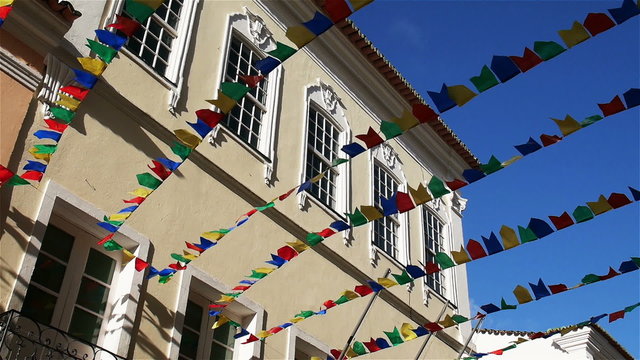 Carnival bunting covering the streets of Pelourinho, the original historic capital of Salvador, Brazil. 