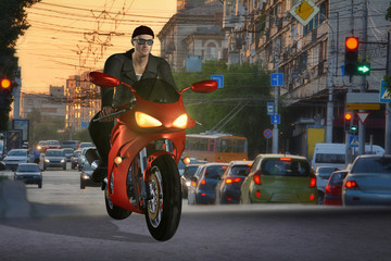 Young handsome biker riding red motorcycle by the evening street road. 3d render.