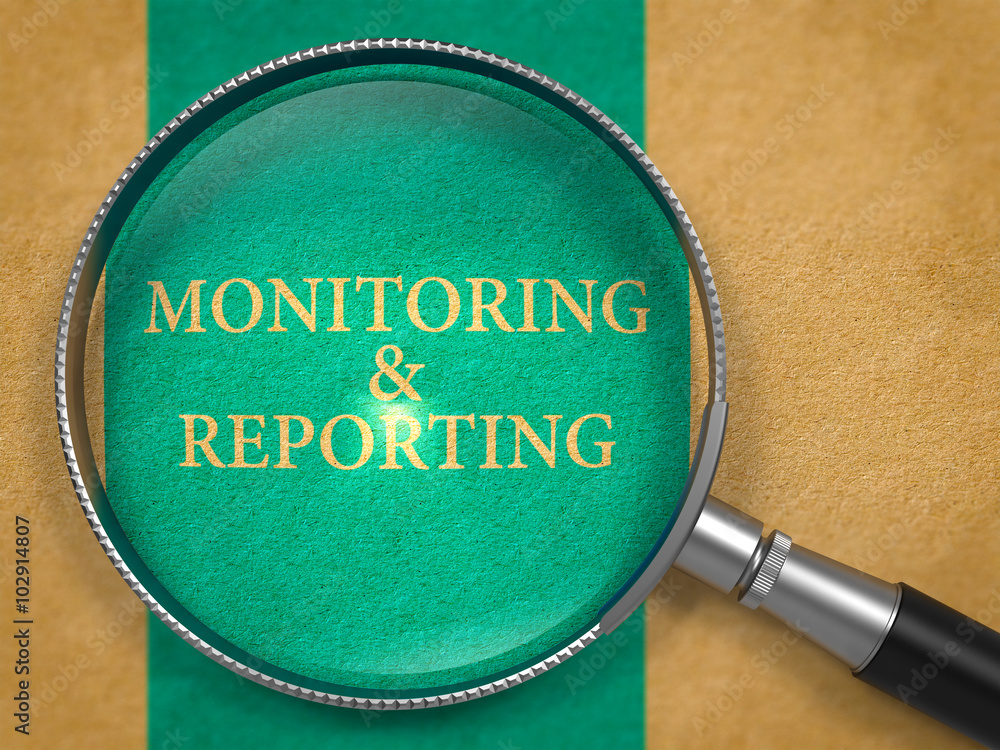 Poster monitoring and reporting through lens on old paper with blue vertical line background. 3d render.