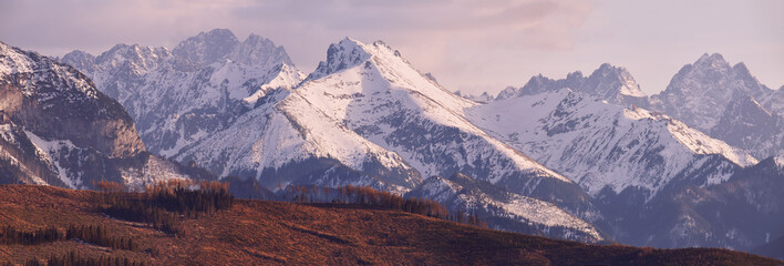Fototapeta Panorama of snowy Tatra mountains in spring, south Poland obraz