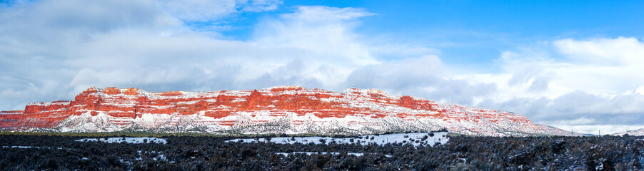 Red mountain with snow haze at sunset, USA