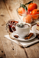 Hot coffee in cup breakfast and cake