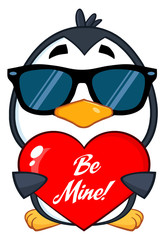 Cute Penguin Cartoon Character Wearing Sunglasses And Holding A Be Mine Valentine Heart