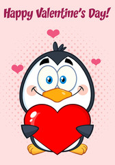 Cute Penguin Cartoon Character Holding Valentine Love Heart