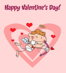 Stick Cupid Shooting Arrows Over Big And Small Hearts