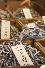Dried fish, seafood product at market from Japan.