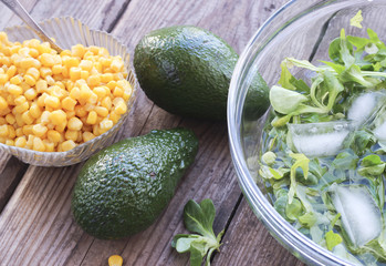 Ingredients for salad with avocado, arugula, mung bean leaves an