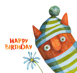 Red cat in striped hat with flower. Happy birthday. Watercolor and gouache Illustration - 102918840