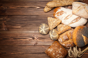 Bread assortment on wooden surface