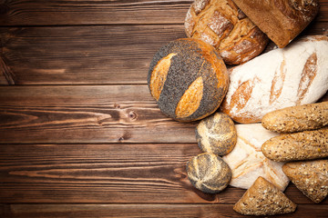 Bread assortment on wooden surface
