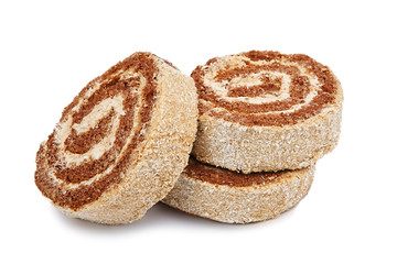 Slices of sweet roll cake isolated on white background