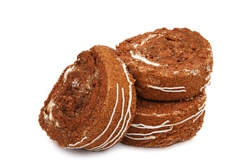 Slices of sweet roll cake isolated on white background