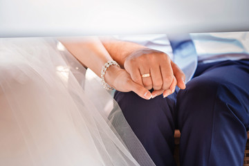 Hands of bride and groom in wedding rings