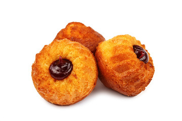 Tasty muffins with jam isolated on white