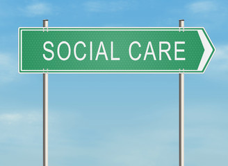 Obraz premium Social care. Road sign on the sky background. Raster illustration.