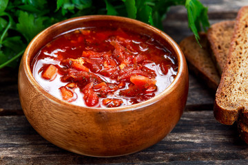 Borsch traditional russian soup. close up 