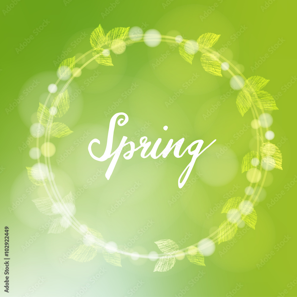 Wall mural spring background with wreath made of leaves and bokeh lights, vector