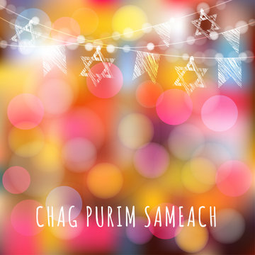 Chag Purim greeting card with garland of lights and jewish stars, jewish holiday concept, vector
