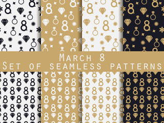 Set of seamless patterns on March 8. International Women's Day. Patterns with hearts, rings, flowers and diamonds. For wallpaper, bed linen, tiles, fabrics, backgrounds. Vector illustration.