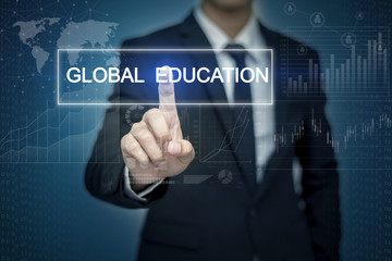 Businessman hand touching GLOBAL EDUCATION button on virtual scr