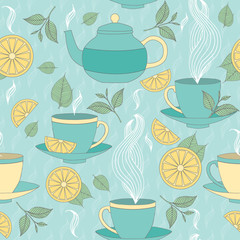 Tea time seamless pattern with hand drawn doodle elements. Breakfast seamless  pattern with tea pots, tea leaves, lemon, tea cup and other.