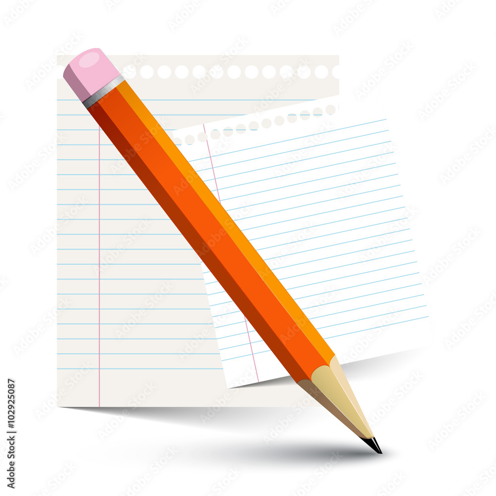 Poster orange pencil and empty paper notebook sheets isolated objects vector illustration
