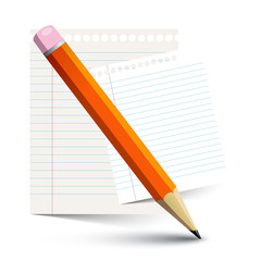 Orange Pencil and Empty Paper Notebook Sheets Isolated Objects Vector Illustration