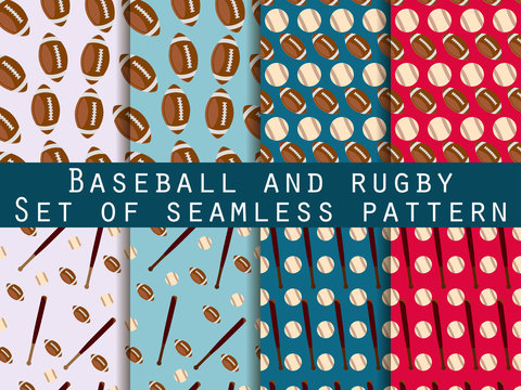 Bat and ball. Baseball and rugby. Set of seamless patterns. For wallpaper, bed linen, tiles, fabrics, backgrounds. Vector illustration.