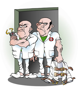 Vector cartoon illustration of two carers from the mental hospital