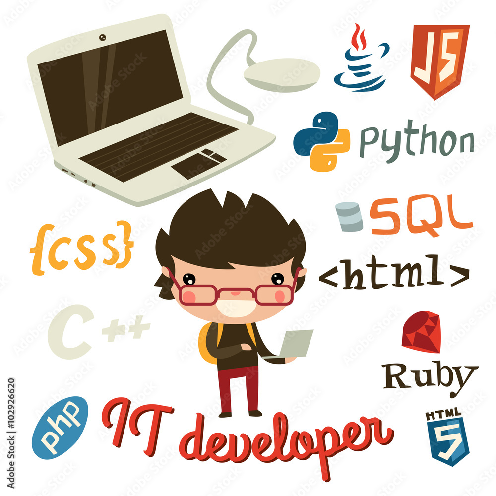 Wall mural it developer character. cute programmer kid set.