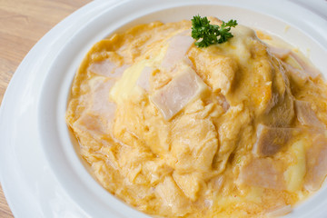 Creamy Omelet with Bacon and Cheese on Rice