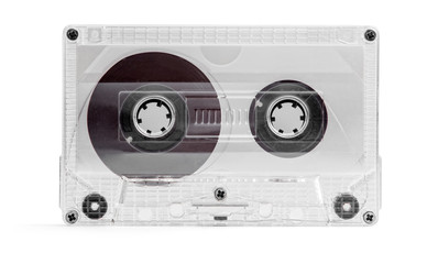 Audio cassette. Close up of a vintage transparent audio tape isolated on white background with clipping path.