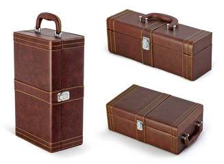 Beige suitcase or bag for gifts isolated on white background. Set for wine.