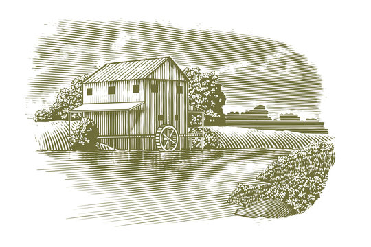 Woodcut-style illustration of a mill with a river flowing by.