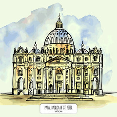 Papal Basilica of St. Peter in the Vatican. Hand drawn watercolo - 102927664