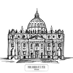 Papal Basilica of St. Peter in the Vatican. Hand drawn illustration