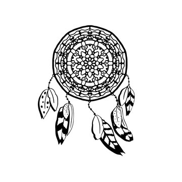 Hand drawn vector dreamcatcher with feathers. Black and white vector illustrations isolated on white. Boho style design element