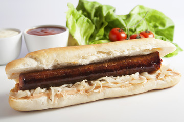 Hot dog bun with grilled sausage and fried onions with spices, set next to fresh tomatoes, lettuce, ketchup and mayonnaise.
