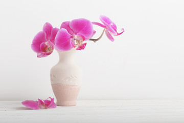 orchid flowers in vase on a wooden table