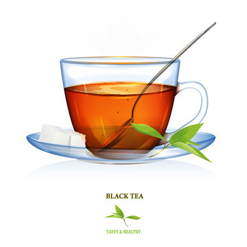 Black Tea illustration. Vector. Beautiful illustration of black tea cup with tea leaves, tea spoon and two peaces of sugar. Glass cup.