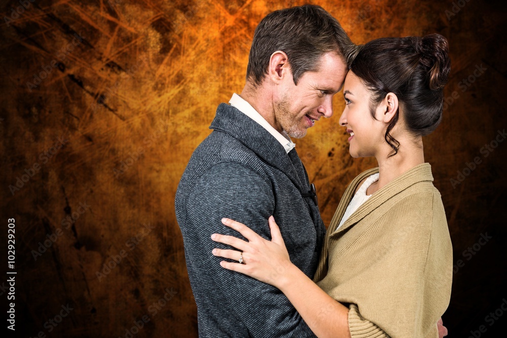 Poster composite image of side view of romantic couple hugging