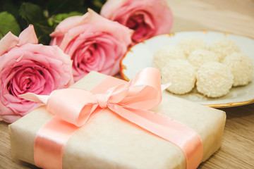 Roses and gift on birthday