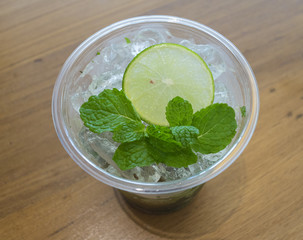 Sliced lemon and mint on ice (focus on lemon)